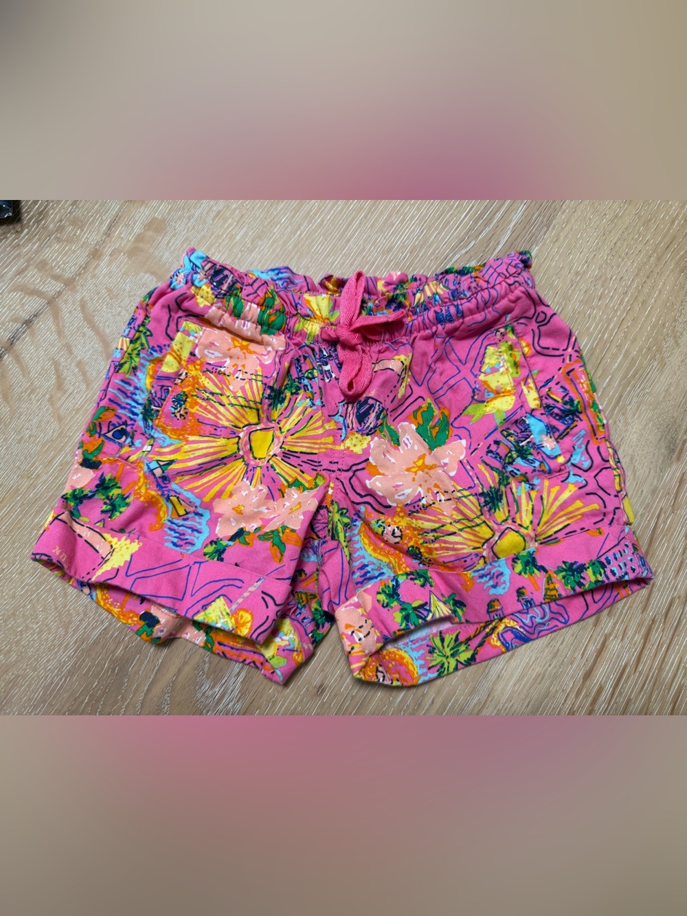 Lands' End Girls Hot Pink Tropical Floral Drawstring Shorts